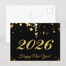 Cartão Postal 2026,Feliz ano novo!estrelas douradas e fundo pret