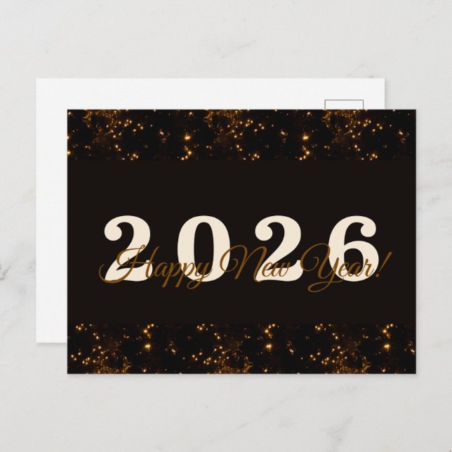 Cartão Postal 2026,Feliz ano novo!fundo preto brilhante dourado (Frente/Verso)