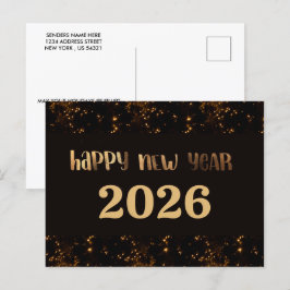 Cartão Postal 2026,Feliz ano novo!Glitter preto dourado