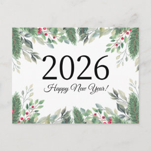 Cartão Postal 2026 Feliz ano novo, verde de Natal bagas vermelha