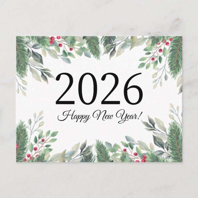 Cartão Postal 2026 Feliz ano novo, verde de Natal bagas vermelha (Frente)