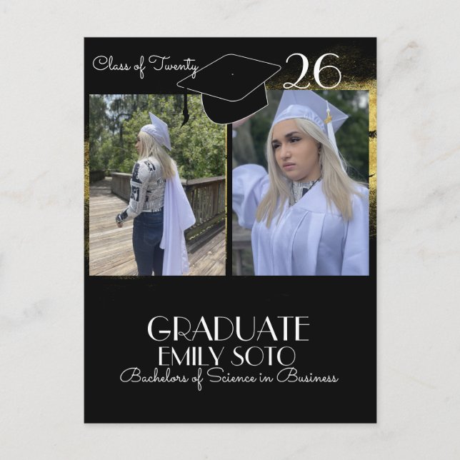 Cartão Postal 2026 Graduation Collage Script Gold Black (Frente)