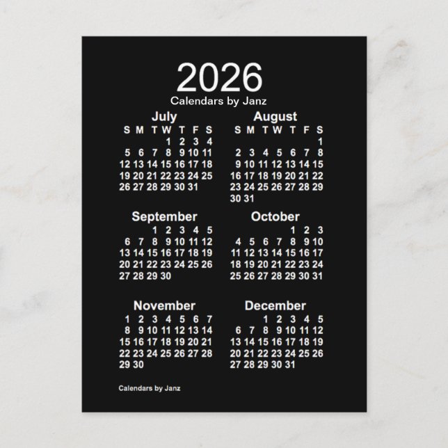 Cartão Postal 2026 Neon White 6 Meses Mini Calendário de Janz (Frente)