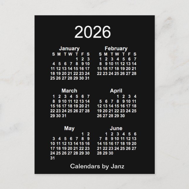 Cartão Postal 2026 Neon White 6 Meses Mini Calendário de Janz (Frente)