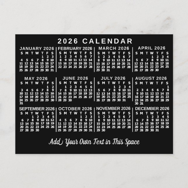 Cartão Postal 2026 Year Monthly Calendar Classic Black and White (Frente)
