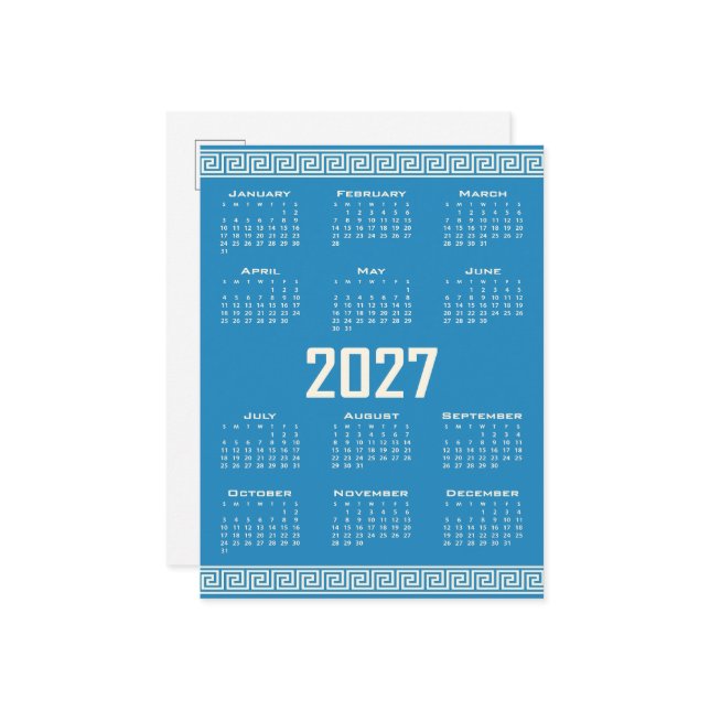 Cartão Postal 2027 Calendar, Greek Fret, Cosmic Latte on Blue (Frente/Verso In Situ)