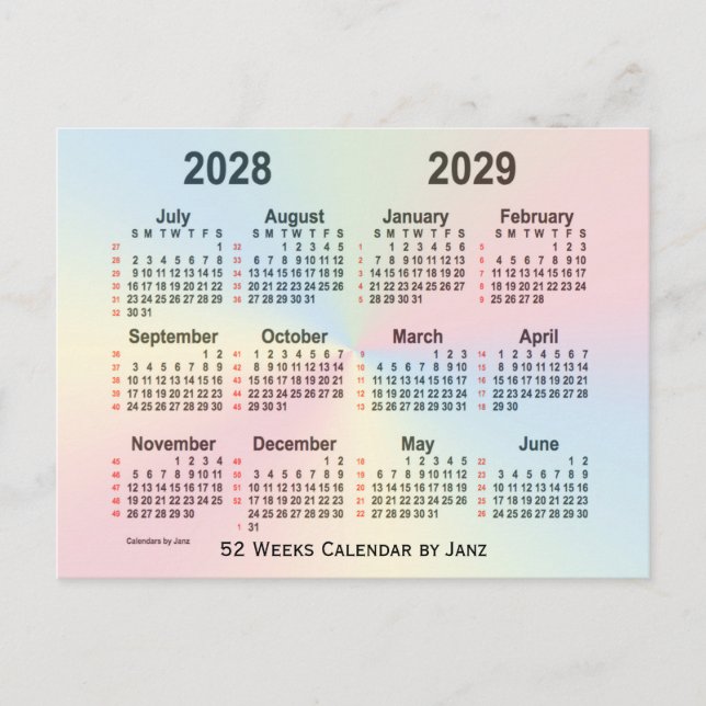 Cartão Postal 2028-2029 Calendário Rainbow 52 Semanas por Janz (Frente)