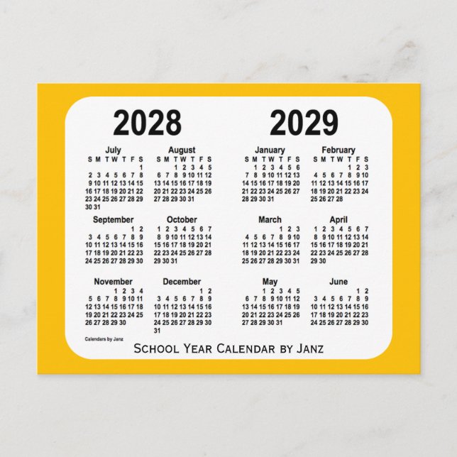 Cartão Postal 2028-2029 Dourado calendário do Mini Ano Escolar,  (Frente)