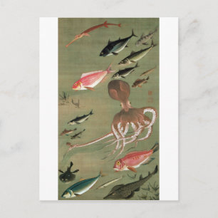 Cartão Postal 27. 諸 魚 図, 若 冲 vários peixes, Jacuchu, Japão Art