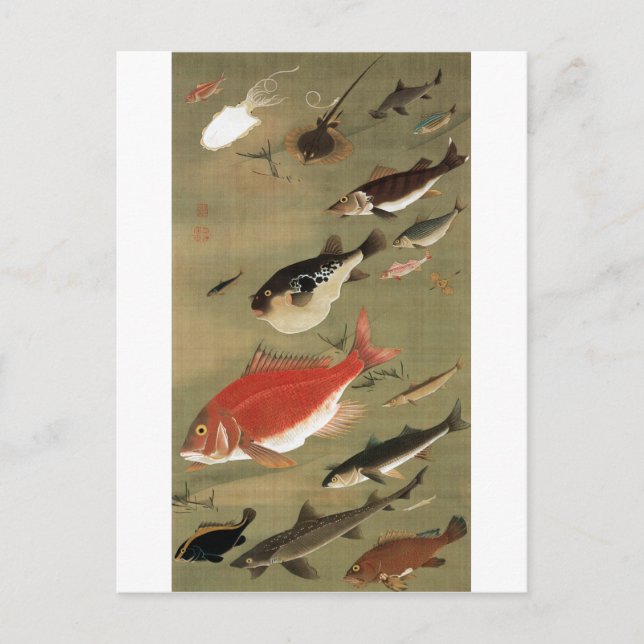 Cartão Postal 28. 群 魚 図, 若 vários peixes, Jacuchu, Arte do Japão (Frente)