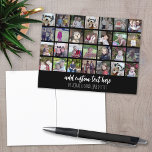 Cartão Postal 28 Photo Collage Grid - 2 Text boxes - black white<br><div class="desc">Use 28 SQUARE photos to create a personal photo collage. This modern, clean layout includes 2 text blocks - one in a modern script and one in a san serif font to add a family name or a year or event. The background color can be changed in the customize area....</div>