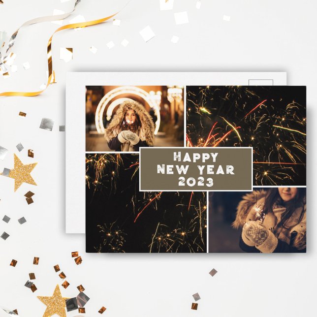 Cartão Postal 2 Colagem de Fotos Fogos de Artifício Feliz Ano No (Criador carregado)
