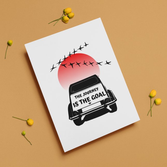 Cartão Postal 2CV Oldtimer Sunset - A jornada é o objetivo (2CV Postcard in White with a Red Sunset and Birds Illustration)