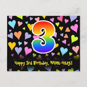 Cartão Postal 3º Aniversário: Padrão Corações Divertidos, Arco-í