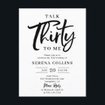 Cartão Postal 30 Aniversário Talk Trinta Pincel Caligrafia<br><div class="desc">Celebre este aniversário marco em estilo com um convite para aniversário de 30 anos maravilhosamente desenhado que combina elegância moderna com um toque de humor. O título apresenta a citação divertida Converse 30 comigo, com a palavra Trinta, escrita articamente em caligrafia moderna, acrescentando uma vibração divertida e na moda, enquanto...</div>