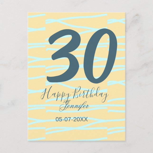 Cartão Postal 30th birthday add name date year yellow blue paste (Frente)