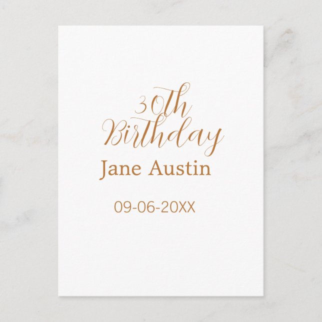 Cartão Postal 30th birthday copper brown simple stylish name dat (Frente)