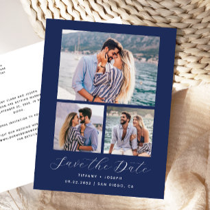 Cartão Postal 3 Foto Azul Marinho Save the Date