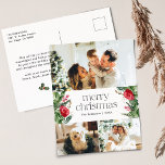 Cartão Postal 3 Foto Elegante Feliz Natal Feriado Botânico<br><div class="desc">Esta coleção apresenta florais vermelhos de aquarela,  bagas e verde de inverno com tipografia moderna e elegante,  com padrão botânico de inverno.</div>