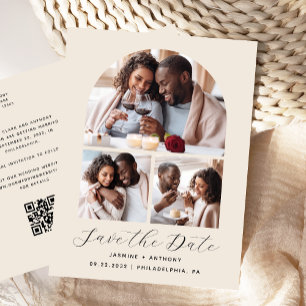 Cartão Postal 3-Photo Arco Colagem Código QR Bege Save the Date