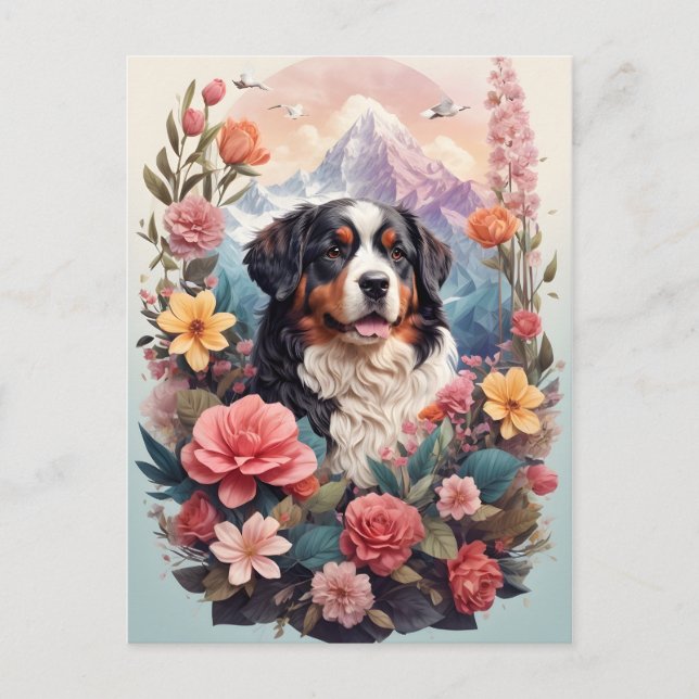 Cartão Postal 3D Fantasia Floral Bernese Mountain Dog Birds Ver (Frente)