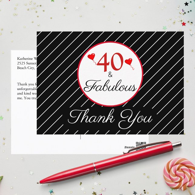 Cartão Postal 40 e fabuloso aniversário de 40 anos de Foto Preto (40 & Fabulous 40th Birthday Photo Black Thank You Postcard)