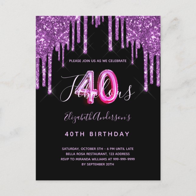 Cartão Postal 40 e Fabuloso brilho brilhante púrpura preto (Frente)