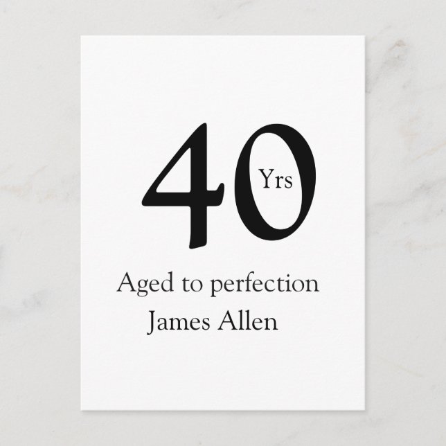 Cartão Postal 40 years aged to perfection birthday name simple  (Frente)
