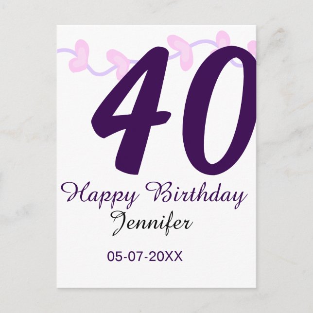 Cartão Postal 40th birthday add name date year purple floral pin (Frente)
