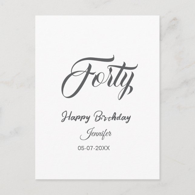 Cartão Postal 40th forty letterbirthday add name date year gray  (Frente)