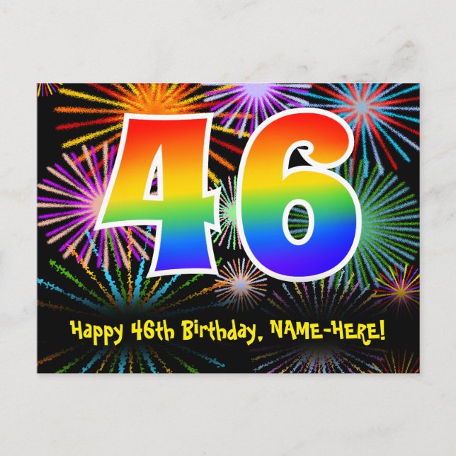 Cartão Postal 46º aniversário - Padrão divertido de fogos de art (Frente)