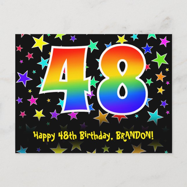 Cartão Postal 48º Aniversário: Estrelas Divertidas, Arco-íris 48 (Frente)