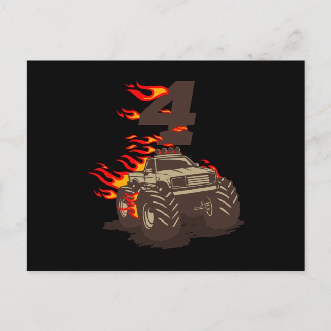 Cartão Postal 4 ANIVERSÁRIO MONSTER TRUCK 4th Birthday Boy Truck (Frente)