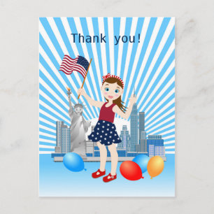 Cartão Postal 4 de julho Rapariga de aniversário com bandeira do