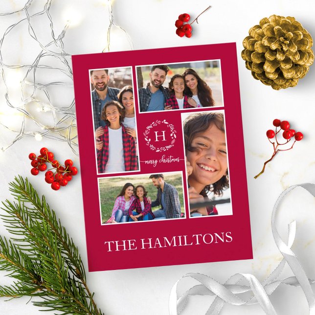 Cartão Postal 4 Fotos Colagem Monograma Feliz Feriados de Natal (Criador carregado)
