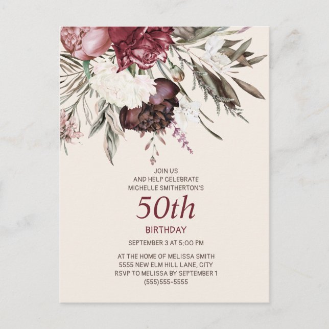 Cartão Postal 50º Aniversário Borgonha Ivory Floral Creme (Frente)