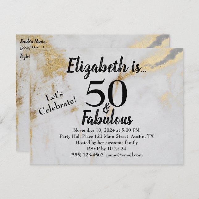 Cartão Postal 50 e Fabulosa Cinza Dourada com Texto Preto (Frente/Verso)