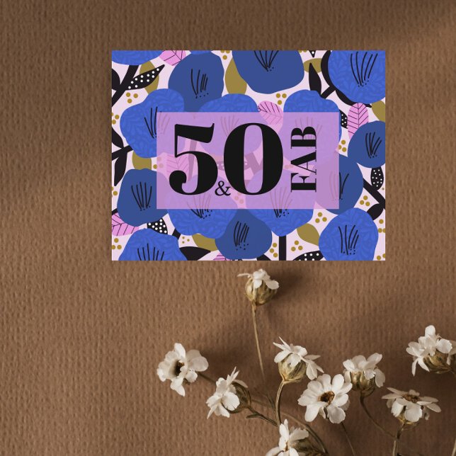 Cartão Postal 50 e Fabuloso 50º Aniversário Azul Dourado Floral (Criador carregado)