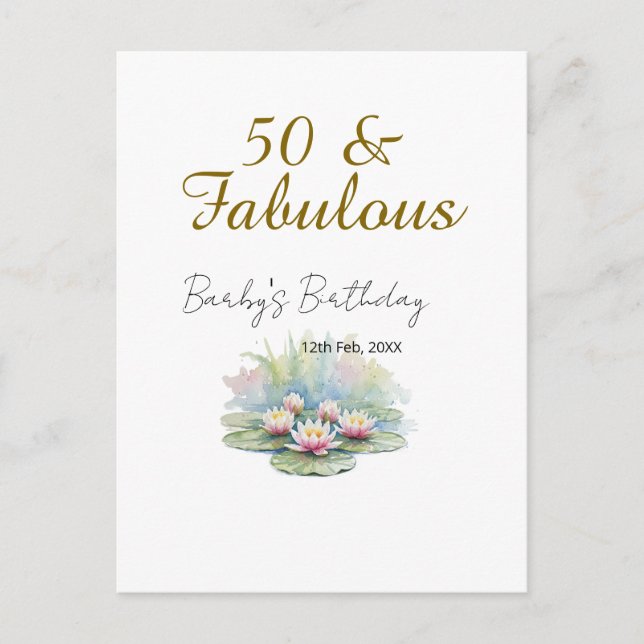 Cartão Postal 50 & fabuloso lótus dourado água aquarela  (Frente)