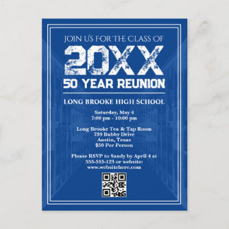 Cartão Postal 50 Year High School Reunion Retro Blue Varsity QR