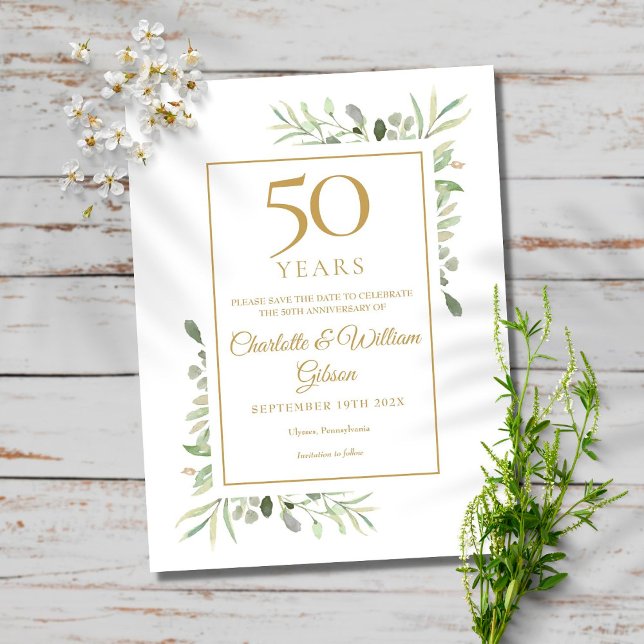 Cartão Postal 50th Anniversary Save the Date Greenery (Criador carregado)