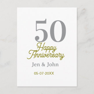 Cartão Postal 50th happy anniversary name date silver gold date