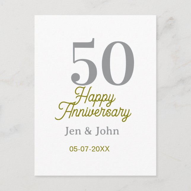 Cartão Postal 50th happy anniversary name date silver gold date  (Frente)