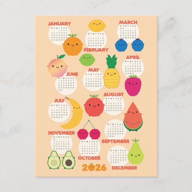 Cartão Postal 5 A Dia do Fruta Kawaii 2026 Calendário (Frente)