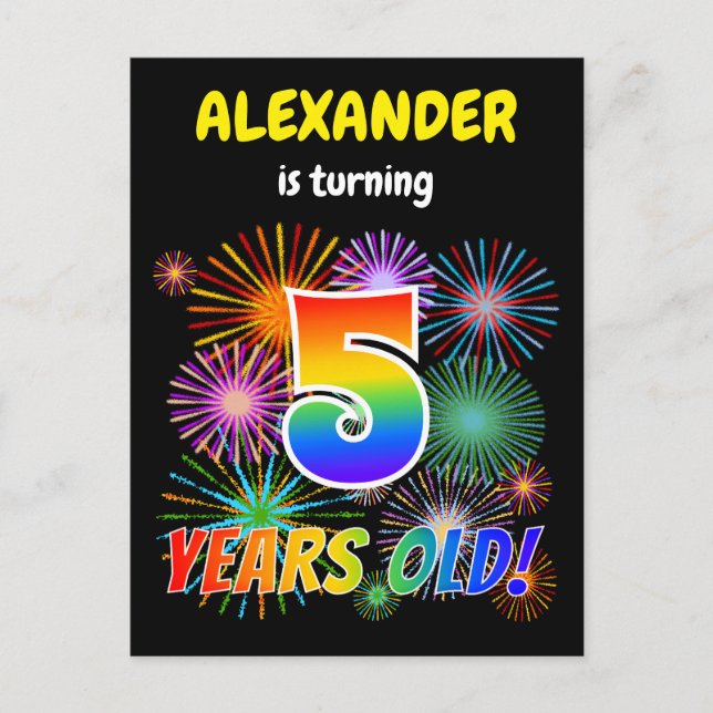 Cartão Postal 5 Birthday - Fogos de artifício divertidos, Arco-Í (Frente)
