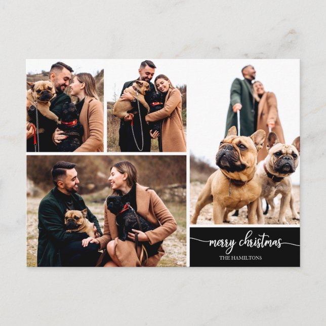 Cartão Postal 5 Fotos Na moda de Colagem Feliz Natal Preto (Frente)