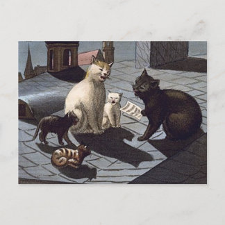 Cartão Postal 5 Gatos com folha de música cantando no telhado à