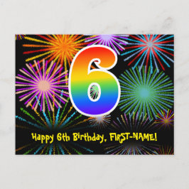 Cartão Postal 6º Aniversário – Padrão Divertido de Fogos de Arti
