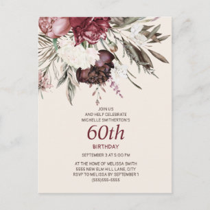 Cartão Postal 60º aniversário Borgonha Ivory Floral Creme