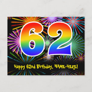 Cartão Postal 62º Aniversário – Padrão Divertido de Fogos de Art